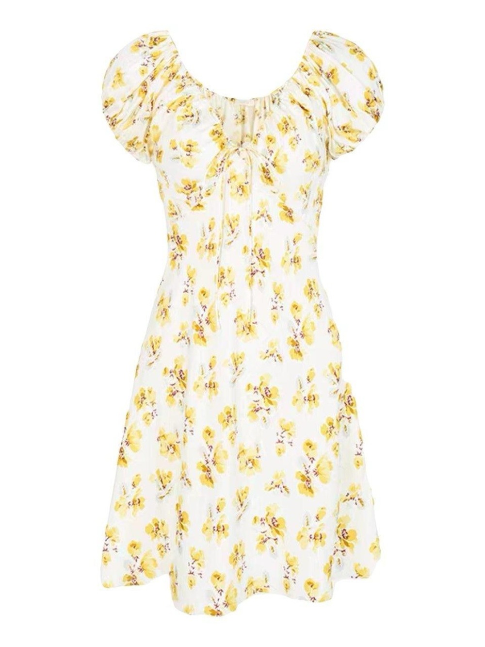Doen Sera Silk White Floral Puff-Sleeve Mini Dress - Yellow Flower Print